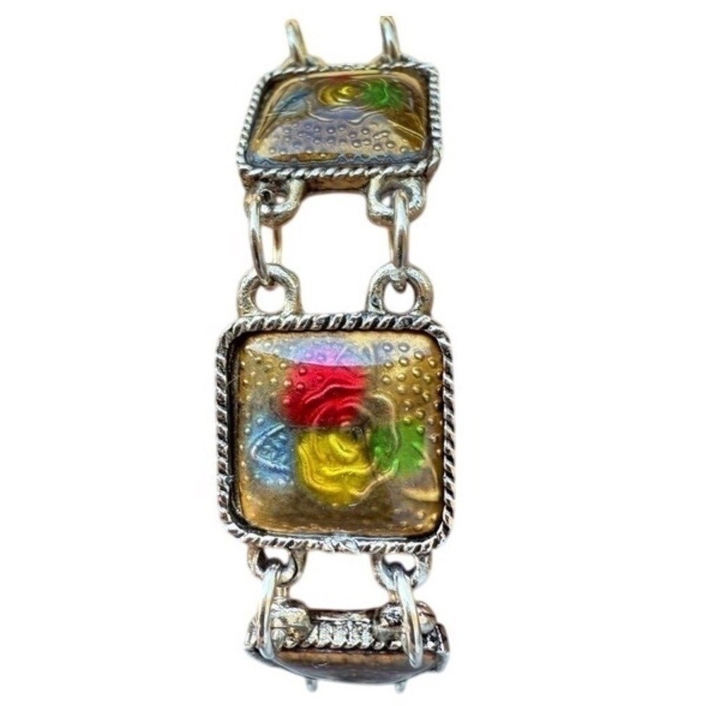 Vintage Floral Panel Link Bracelet Enamel Rose Gold Tone Boho‎ Jewelry